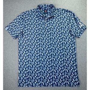 Donald Ross Polo Shirt Mens M Blue Monstera Print Golf Performance‎ Polyester